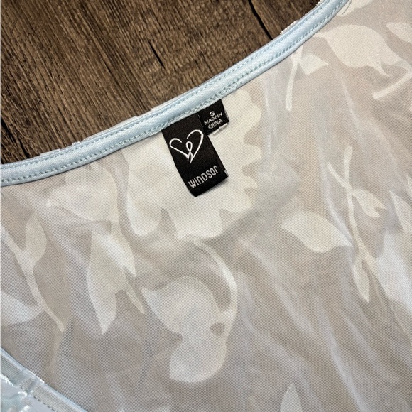 Windsor Flocked Floral Mesh Long Sleeve Corset Sky Blue Top NWOT - Picture 7 of 10